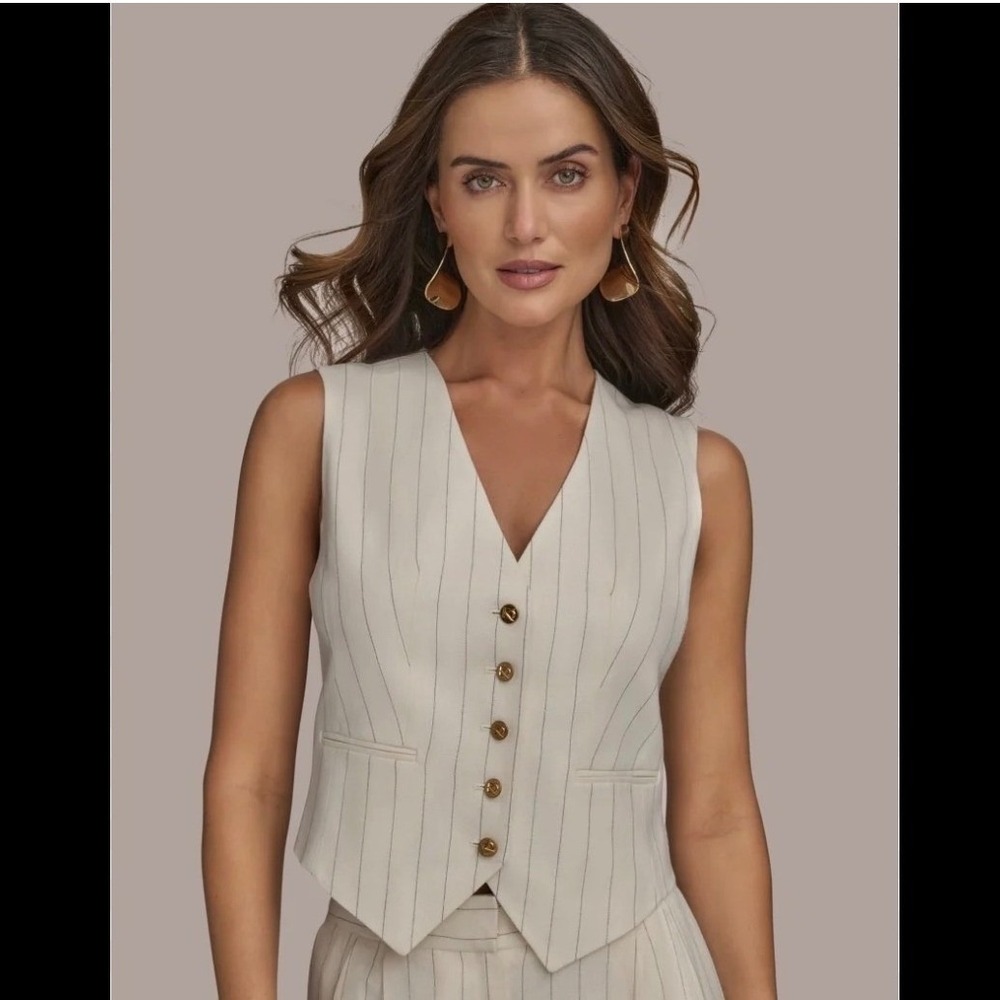 NEW Donna Karan New York Pinstripe Linen Blend Vest Sz 14P Cream Tailored Office